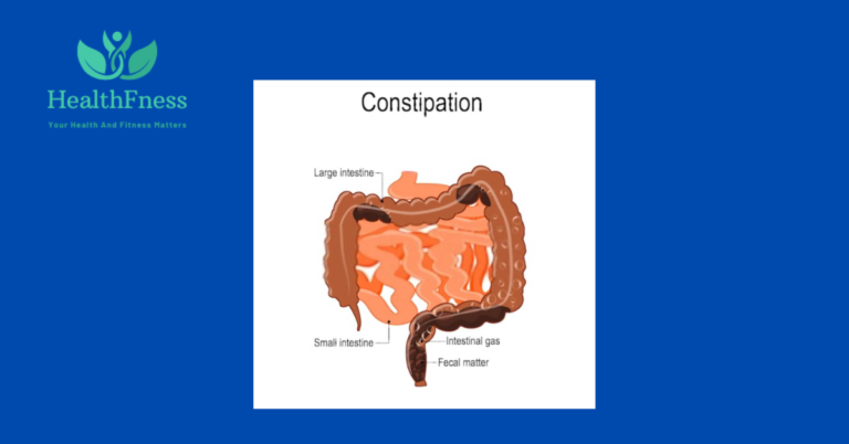 An illustration of a person with constipation that shows them clutching their stomach and wearing a distressed facial expression. A stylized depiction of the digestive system with a blockage, signifying difficulty passing stool, is displayed in the background.