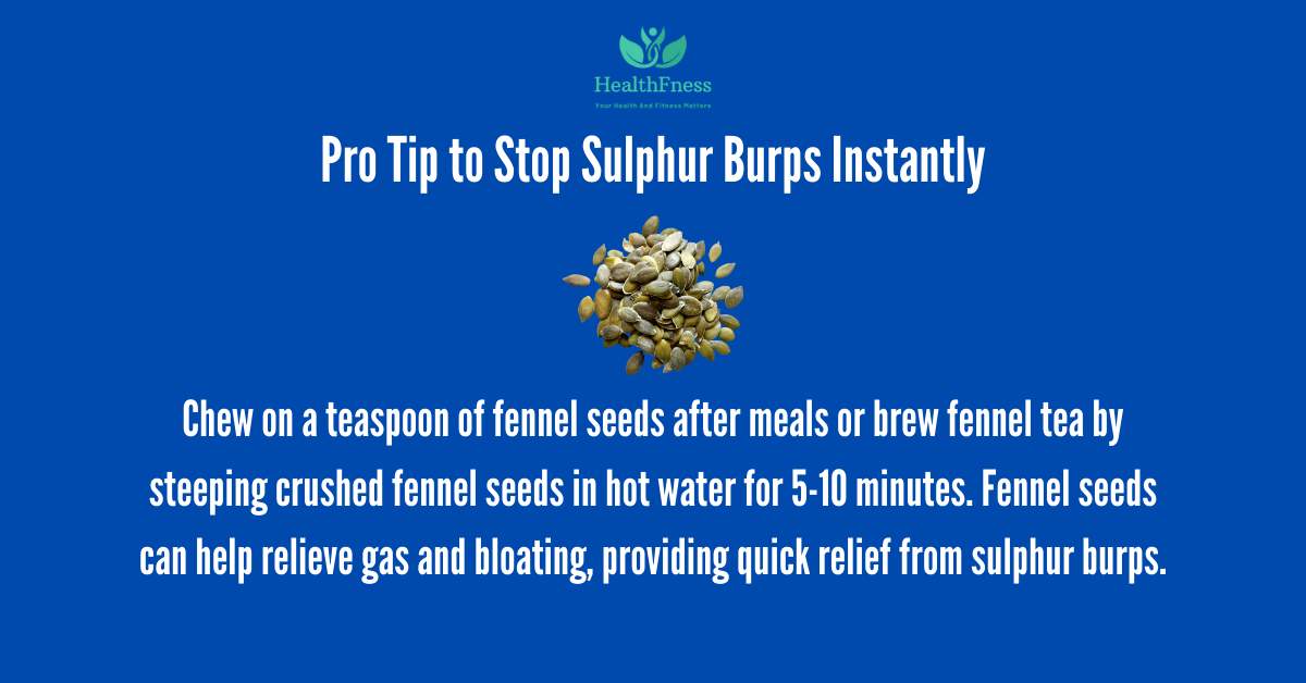 An image featuring fennel seeds arranged on a wooden surface, accompanied by a cup of fennel tea. Text overlay reads 'Chew on Fennel Seeds for Quick Relief from Sulphur Burps'. The image illustrates the natural digestive properties of fennel seeds as a remedy for alleviating symptoms of indigestion, including sulphur burps.