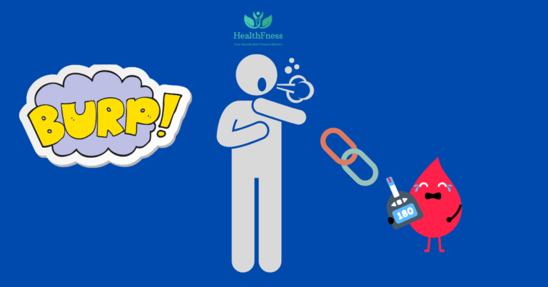 Image depicting a person experiencing discomfort due to sulphur burps, alongside a blood glucose meter indicating high blood sugar levels. The image highlights the connection between sulphur burps and diabetes, emphasizing the potential impact on individuals managing the condition.